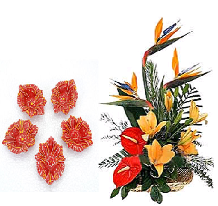 Floral Designed Earthen Diyas and  Exotic Flower arrangement