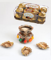 Diya Stand with Diyas and Ferrero Rocher 16 pc Gifts toCox Town, Combinations to Cox Town same day delivery