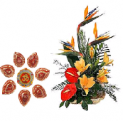 Tropical Arrangement and Terracotta Diya Set Gifts toJayanagar,  to Jayanagar same day delivery
