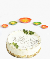Orange Green Colored Diya Set and Vanilla Cake small for Diwali Occation Gifts toCottonpet, Combinations to Cottonpet same day delivery