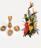 Tropical Arrangement and Bronze Colored Diya Set Gifts toEgmore,  to Egmore same day delivery