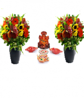 Precious Diya and Ganesha Set with 2 Basket of Gerbers Gifts toHBR Layout,  to HBR Layout same day delivery