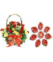 Ethnic Diyas and 24 Yellow and Red Roses Gifts toJayamahal,  to Jayamahal same day delivery