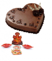 Ganpathi Idol and Diyas with Heart Shaped 1 Kg. Chocolate Truffle Cake Gifts toJayanagar,  to Jayanagar same day delivery