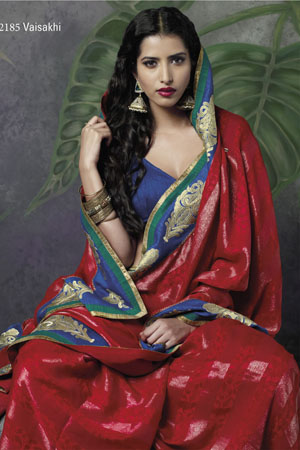 Red georgette saree With Blue Border and pita embroidery