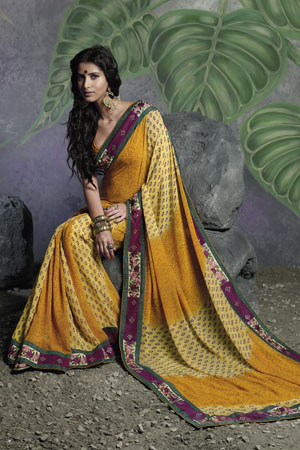 Shaded Yellow Georgette Saree with printed magenta border