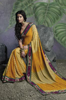 Shaded Yellow Georgette Saree with printed magenta border Gifts toBrigade Road, sarees to Brigade Road same day delivery