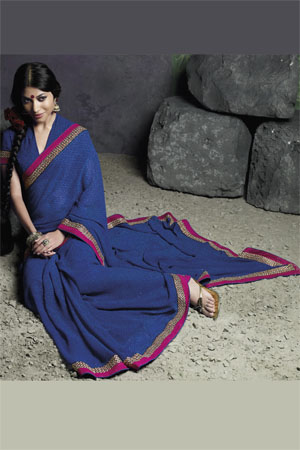 Printed Blue Georgette saree with captivating pink border