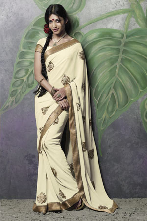Beige georgette saree with zari embroidery and border