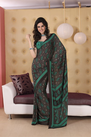 Grey and green printed georgette saree. 